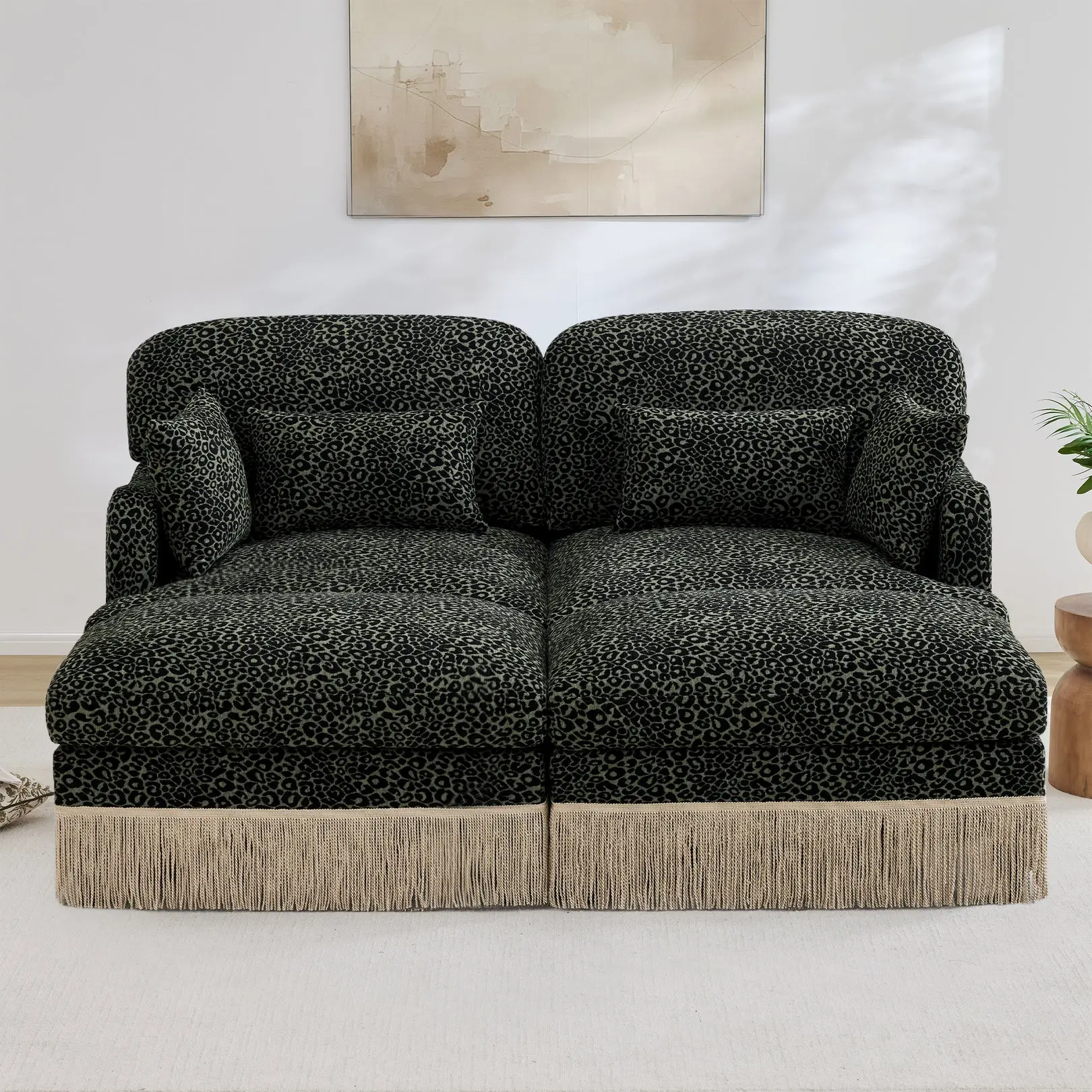 Save 10% Tucson 69" 4 Pieces Leopard Print Chenille Modular Sofa with 2 Ottomans and Fringe Trim