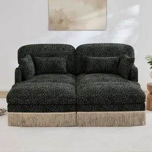 Save 10% Tucson 69" 4 Pieces Leopard Print Chenille Modular Sofa with 2 Ottomans and Fringe Trim
