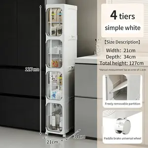 Tall Narrow 4-Tier White Storage Cabinet, Slim Rolling Organizer with Adjustable Shelves for Bathroom Kitchen Laundry Small Space