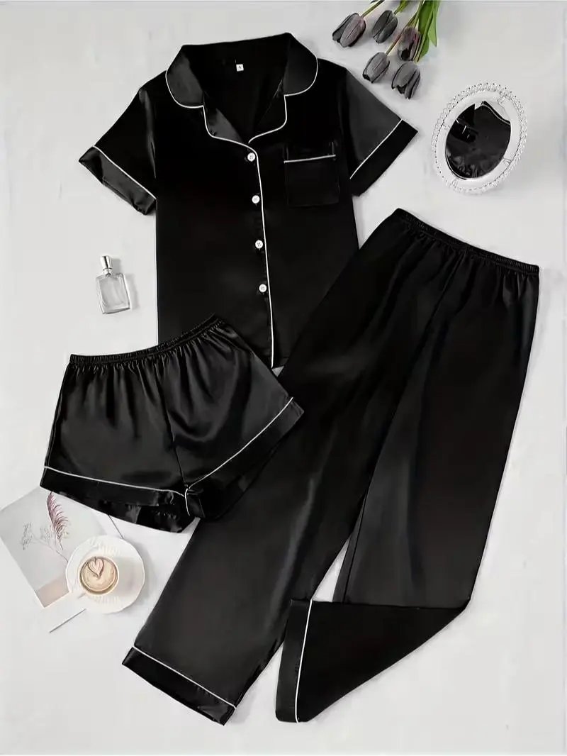 Women's Contrast Binding Lapel Shirt & ElasticWaist Pants Satin Pyjama Set, Casual ComfyShort Sleeve Pocket Button Up Top & ElasticWaist Long Trousers PJ Set, Ladies Sleepwear forAll Seasons, Loungewear, Pajamas