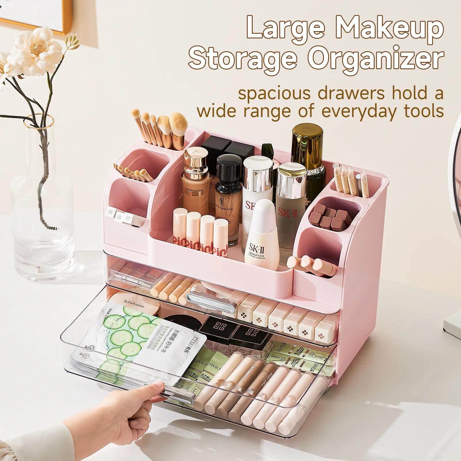 Makeup Organizer for Vanity with 2 Large Drawers, Cosmetic Display Case with Brush Holders, Easy to Storage for Bathroom Countertop Skincare, Desk Office Supplies, jewelry organizer.