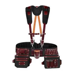 FUERI Tool Belt for Men with Suspender, Heavy Duty Nylon and Leather 26 Pockets Maroon and Black comes with Comfort Padded Belt,Spacious Pouches,Hammer Holder, Suspender Loops and Suspender for Carpenter Construction Electrician