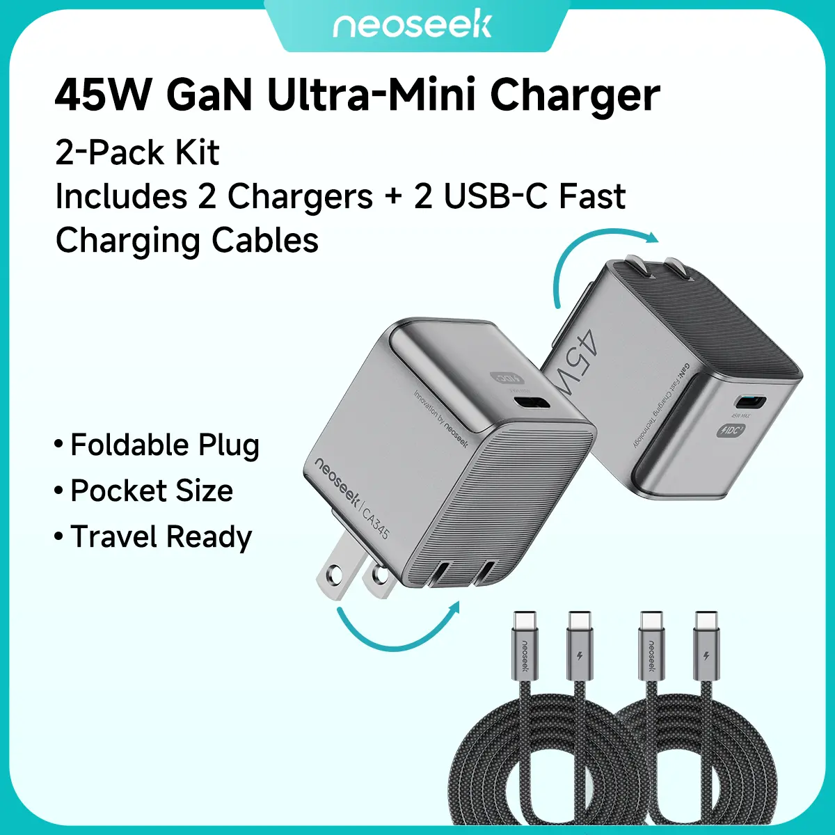 NEOSEEK 2-Pack 45W GaN Ultra-Mini Foldable USB-C Wall Charger with 3.3 FT Braided USB-C Cable, 45W Speed Compact Travel Power Adapter for iPhone 17/16 Pro Max/15, Samsung S25/S24 Ultra, Braided Cable