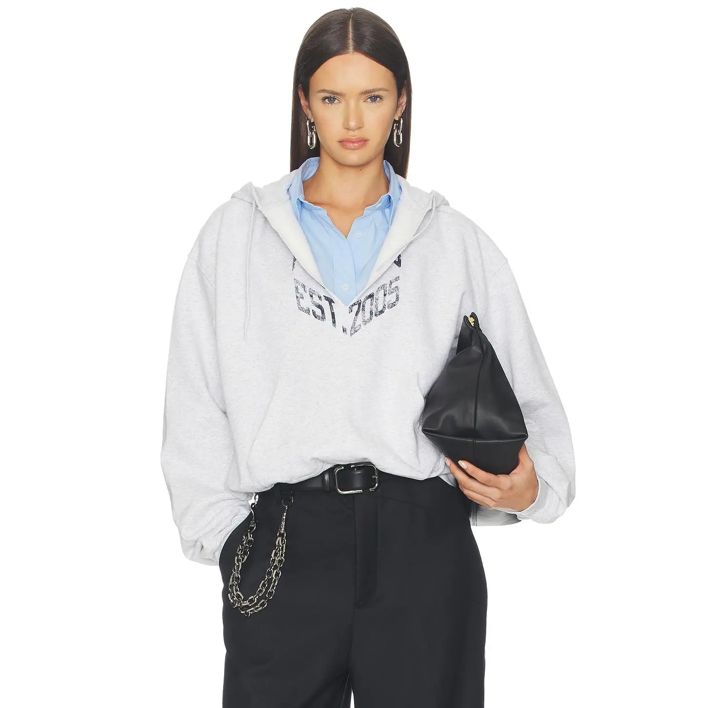 Alexander Wang Prestyled Slashed Hoodie With Cropped Shirt Dickie in Light Heather Grey & Oxford Blue