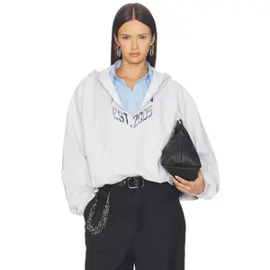 Alexander Wang Prestyled Slashed Hoodie With Cropped Shirt Dickie in Light Heather Grey & Oxford Blue