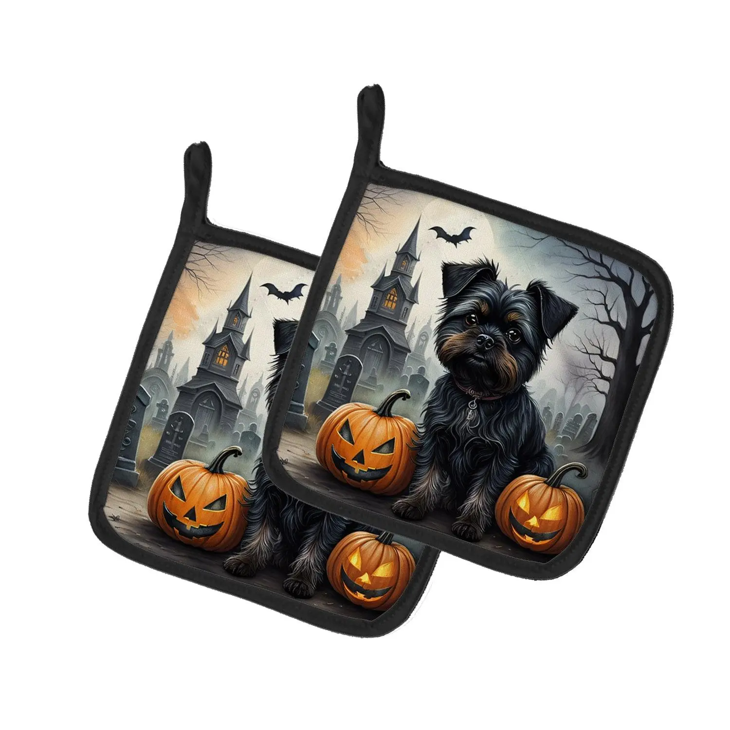 Affenpinscher Spooky Halloween 2-Piece Pot Holders - Oven-Safe Kitchenware, Quilted Insulation Polyester Fabric, Heat-Resistant Linens for Holiday Decor, Christmas Bakeware