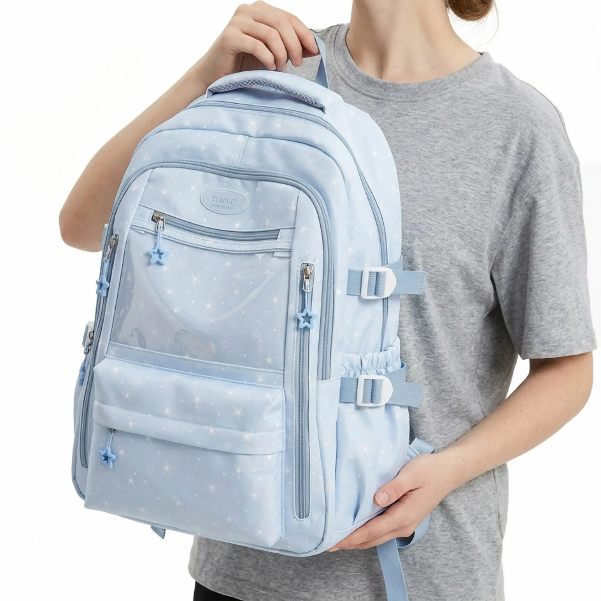 Japanese Style Star Print Transparent Backpack, Large Capacity Student School Bag with Adjustable Straps, Casual Bookbag for Daily Use and Travel