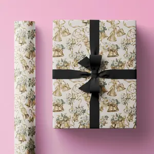Gold Wedding Bells and Daisies Wrapping Paper Roll, Pretty Wrapping Paper for Bridal Shower or Engagement Gift, Floral Pattern with Ribbon