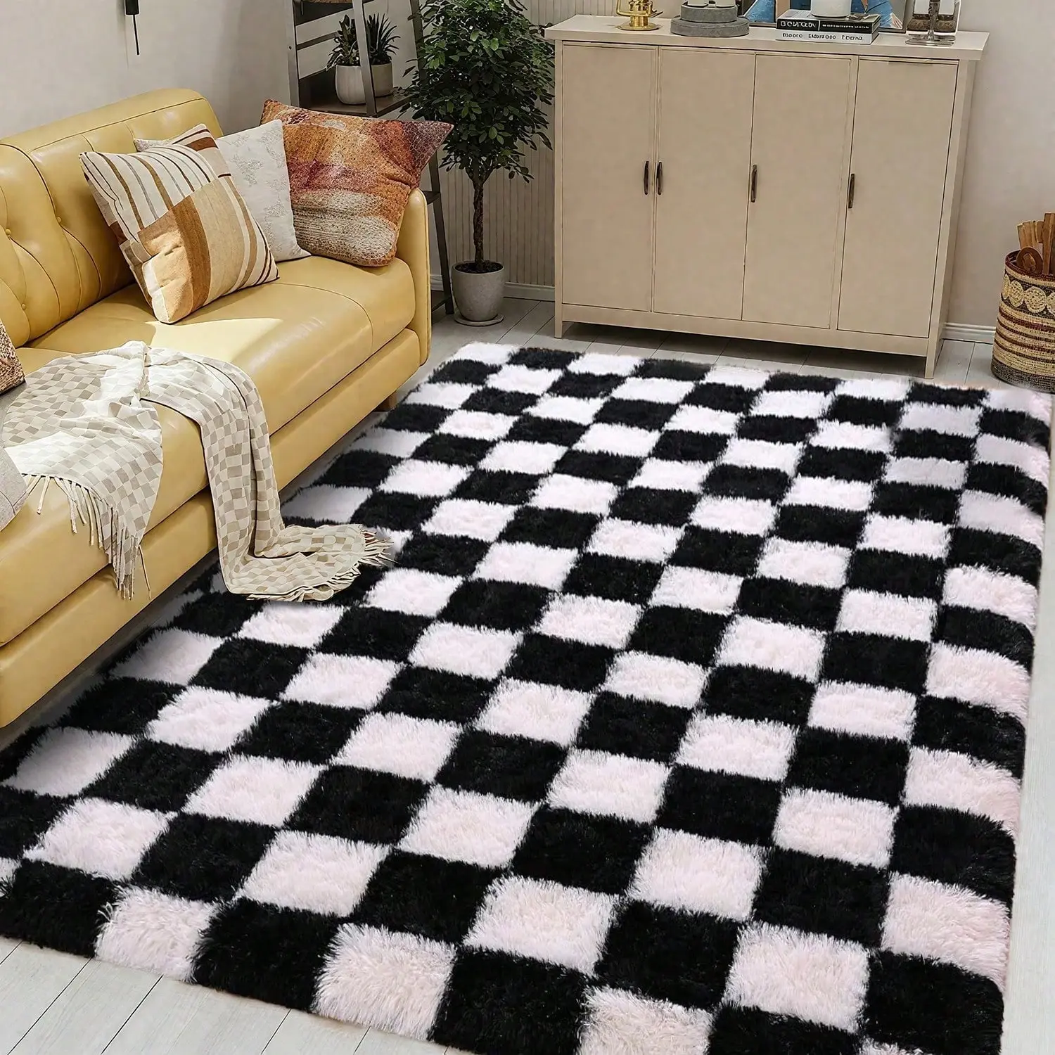 5x7ft Black & Grey Checkered Shag Decorative Rug, Fluffy Soft Washable Carpet, Modern Non-Slip Home Aesthetic for Bedroom, Living Room
