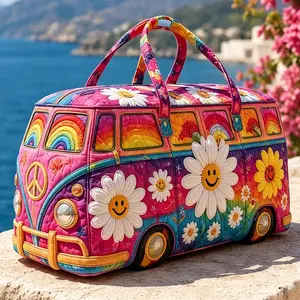 Hippie Van Quilted Travel Duffle Bag - Colorful Pink Van &Flower Design, Perfect for Adventure, Quilted Fun Travel Bag