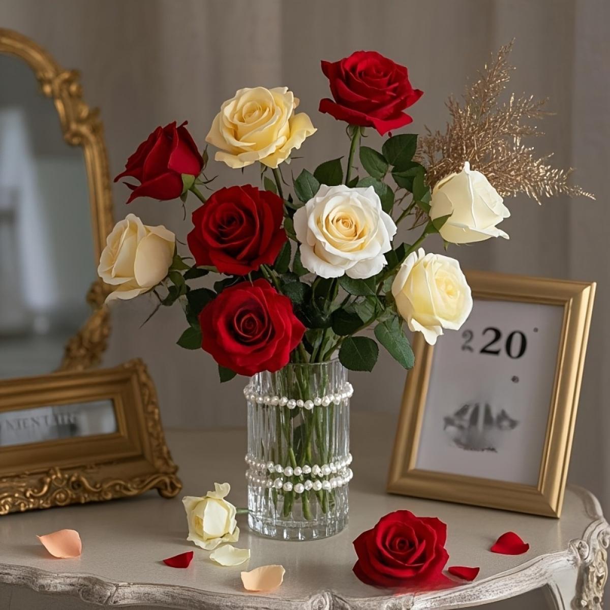 12Pcs Silk Fabric Artificial Rose Bouquet Set - 3D Full Realistic Fake Flowers, Luxury Versatile Home Decoration Ornaments, Floral Decor for Living Room Study, Ideal for Wedding Layout Photo Prop Gift