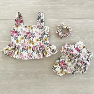 Kids Toddler Baby Girl Summer Sleeveless Outfits Set Button Floral Halter Crop Tops Ruffles Flower Shorts Summer Clothes Set