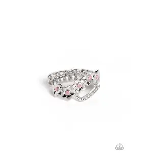 Captivating Corsage - Pink Opalescent Rhinestone Silver Flower Ring - Paparazzi