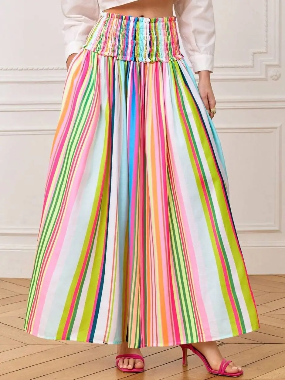LOTSLUV Women's Elegant Casual Spring/Summer Colorful Striped Waist Ruched A-Line Printed Skirt,Summer Skirt,Midi For Women,Floral Multicolor Rainbow Maxi