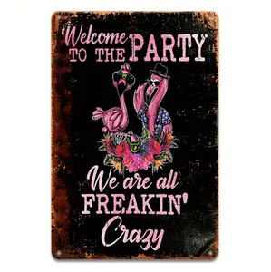 Vintage Welcome To The Party Metal Wall Art Sign With Retro Flamingo Design For Outdoor And Indoor Decor