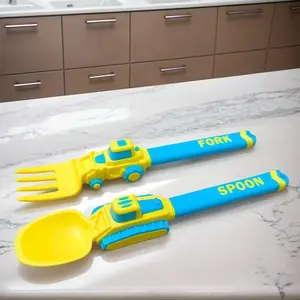 Colorful Cartoon Construction Vehicle Themed Toddler Kids Fork Spoon Set, Self Feeding Training Baby Led Weaning Easy Hold, Fruit Pasta Fork Feeding Spoon, Birthday Gift Fun Eating Experience for Boys Girls