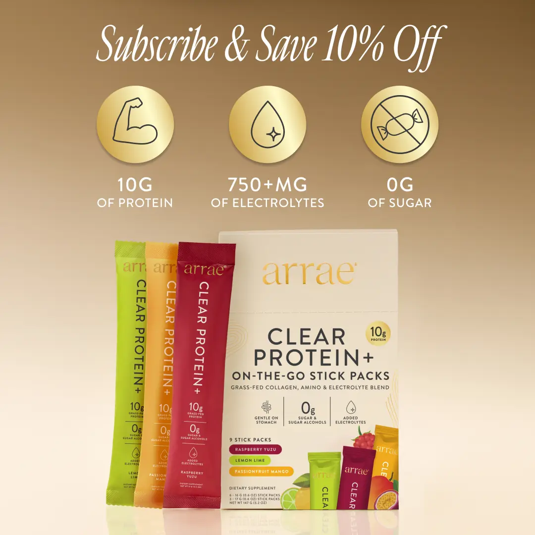 arrae Clear Protein+ Variety | 10g of Protein, Collagen + Amino Acid Blend, 750mg Electrolytes| Raspberry Yuzu, Lemon Lime, Passionfruit Mango| 9 Stick Packs|  Hydration, Healthcare