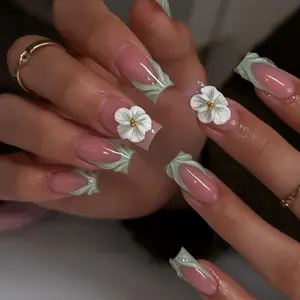 Mint Blossom Elegance Press On Nails – Square French Tips with Pastel Green Swirls and 3D White Flowers