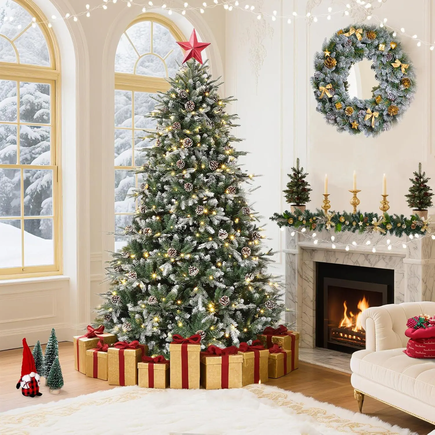 6Ft/7.5Ft/9Ft Pre-Lit Snow Flocked Christmas Tree 8-Modes LED Lights Prelit Artificial Tree With Fake Pine Cones For Home Decor