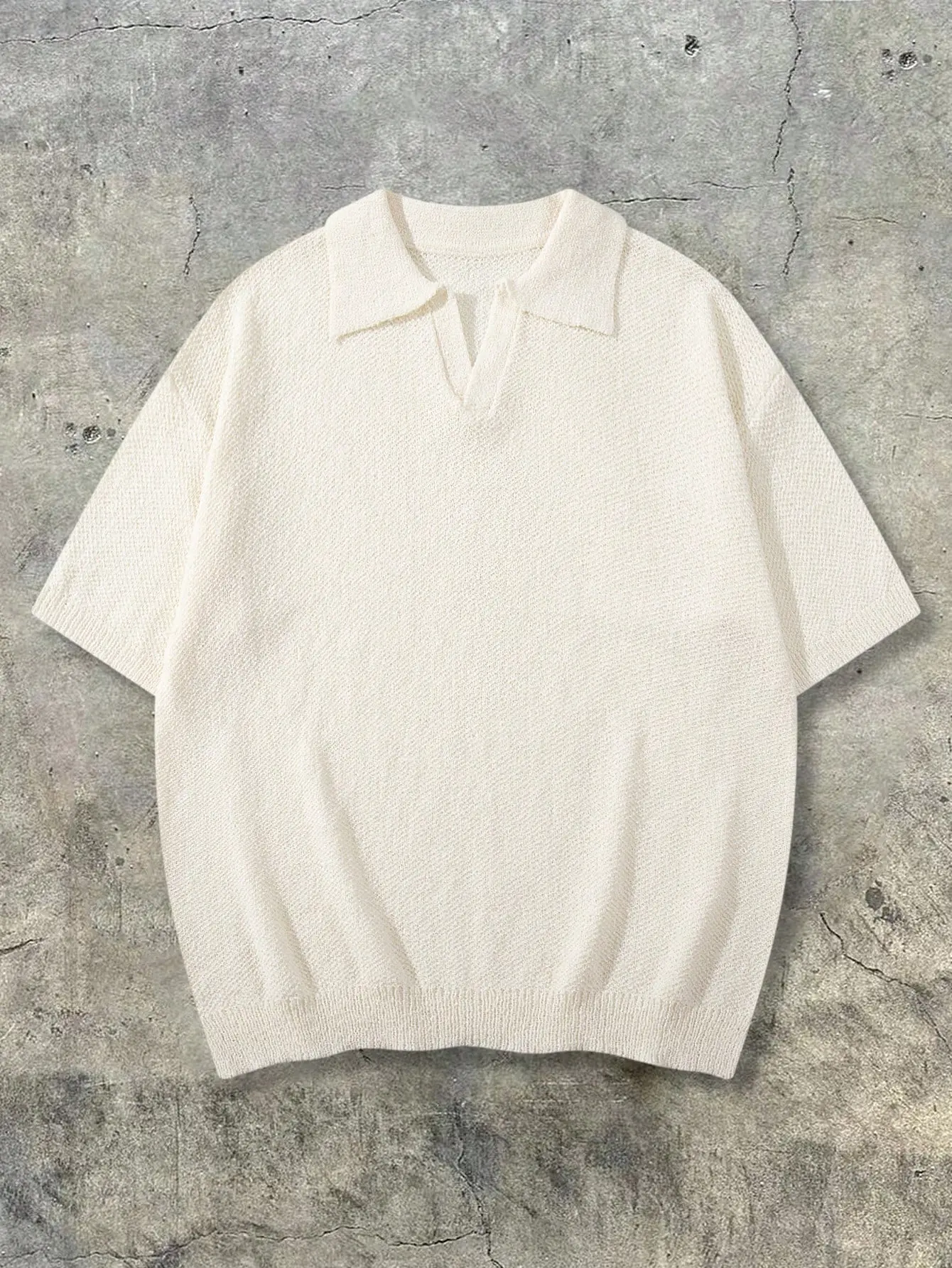 ANDREILEE Men's Oversized Ribbed Knit V-Neck Lapel Short-Sleeve Basic Shirt - Handmade Korean Knitwear, Drop Shoulders, Breathable Polyester, Textured Plain Hem, Casual Pullover, Vibe-Fit, Pairs with Jeans, for Daily Wear, Commuting, Pants, Sweatpants