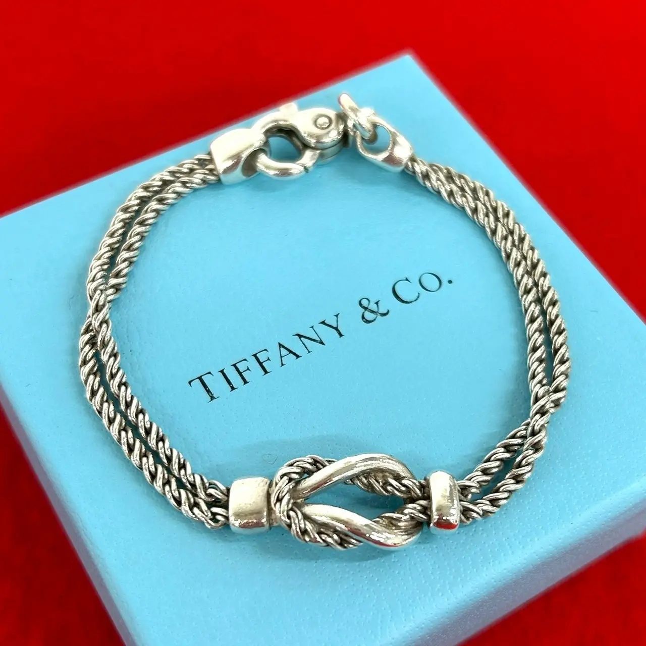 Pre-owned Tiffany & Co. Sterling Silver 925 (Ag925) Small Leather Goods Double Rope Center Knot Silver Bracelet