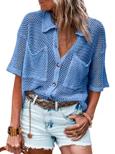 FISOEW Womens Crochet Lightweight Cardigan Sweaters Short Sleeve Summer Button Down Collared Loose Cover Up Shirts Tops Jeans
