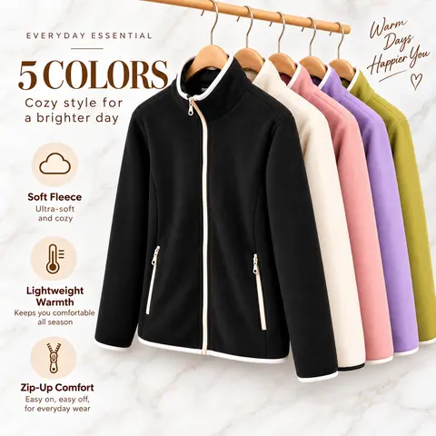 Women’s winter stand-collar zip-up jacket, autumn/winter fleece-lined warm athletic sweatshirt jacket with long sleeves and pockets—soft, comfortable, and versatile outerwear suitable for casual outings and commuting in fall/winter and for excursions.