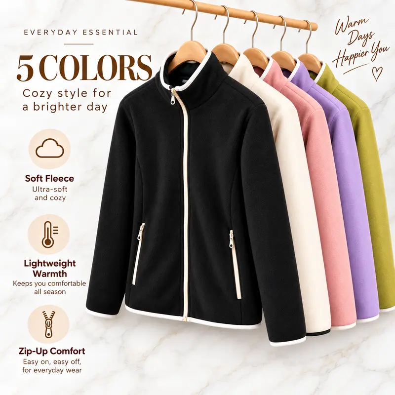 Women’s winter stand-collar zip-up jacket, autumn/winter fleece-lined warm athletic sweatshirt jacket with long sleeves and pockets—soft, comfortable, and versatile outerwear suitable for casual outings and commuting in fall/winter and for excursions.