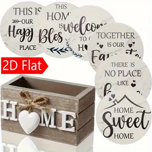 6 Piece Set 2D Flat Home Slogan Coasters, Kitchen Coasters, Wooden Coasters for Home Use, Sweet Round Wood Coasters, New House Moving Gift, Farmhouse Style