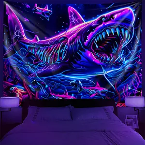 UV Reactive Blacklight Tapestry, Shark Design, Anime Theme, Polyester Woven Wall Hanging, 160-180gsm, Transverse Orientation, for Bedroom Aesthetic, Dorm, Living Room Decor, No Electricity Needed