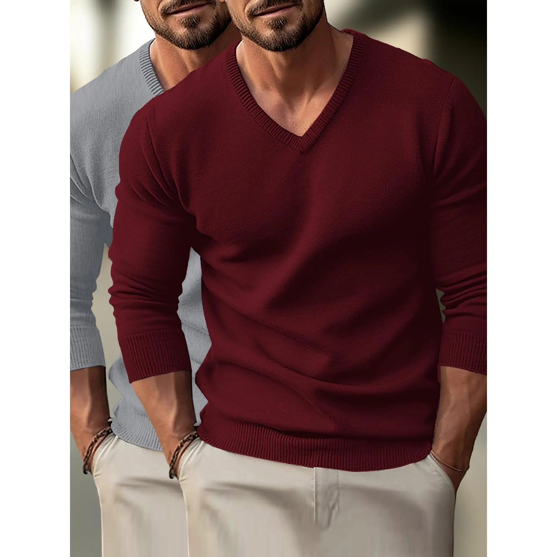 Mens V-Neck Knitted Sweaters 2 Pack, Long Sleeve Solid Color Lightweight Pullover Casual Dress Knit Tops S to XXL