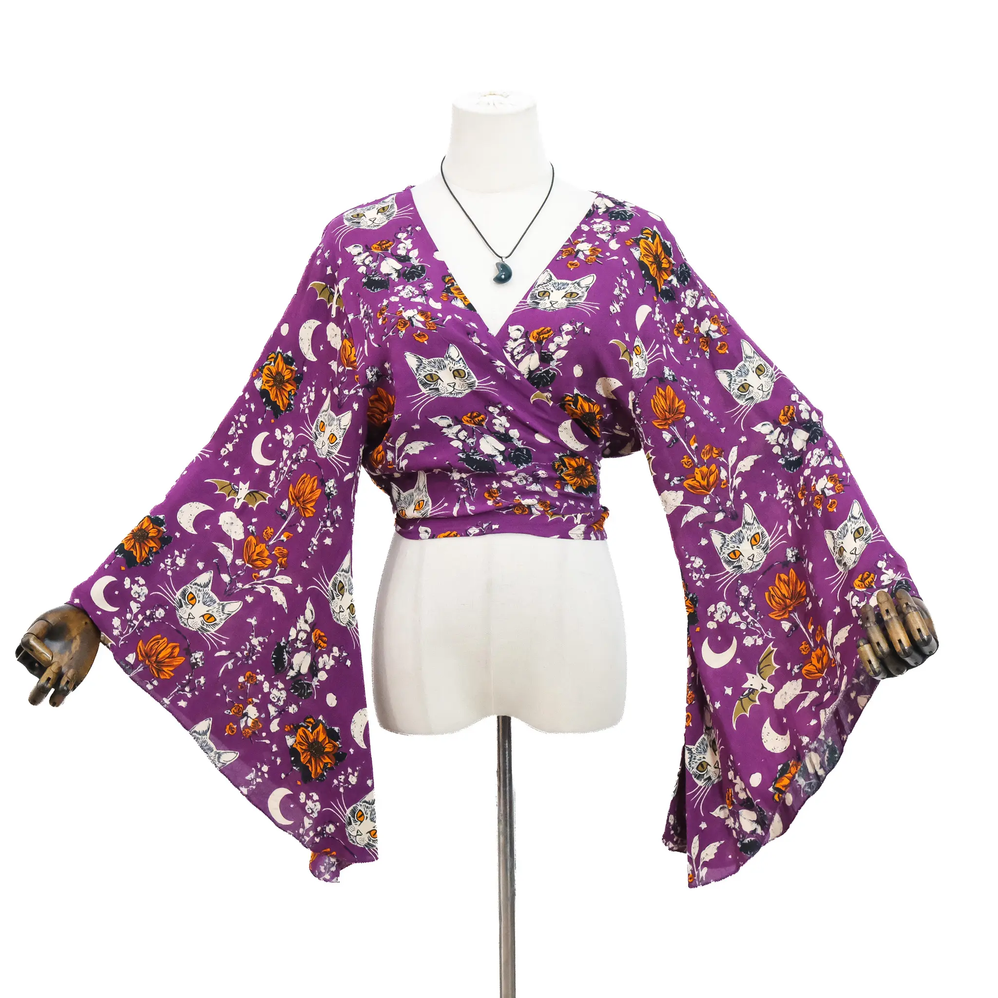 Witchy Cat Moon Bell Sleeve Wrap Top , Cottagecore Fairycore Blouse, Bohemian Cat & Moon Toe Top