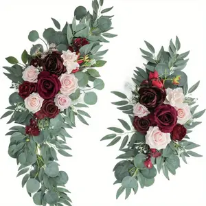 Two piece set of wine red and blush red artificial wedding arch flower decorations, Artificial flower arrangements, wine red and blush red imitation roses with green leaves, suitable for wedding ceremony and reception background decoration