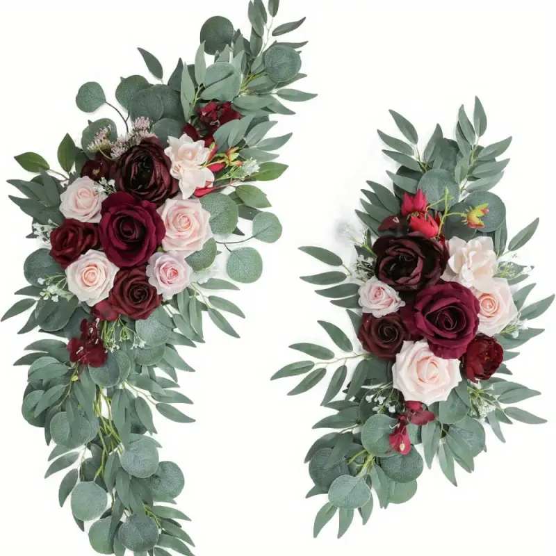 Two piece set of wine red and blush red artificial wedding arch flower decorations, Artificial flower arrangements, imitation roses with green leaves, suitable for wedding ceremony and reception decoration, Fake Flowers, Decorative Faux Flowers