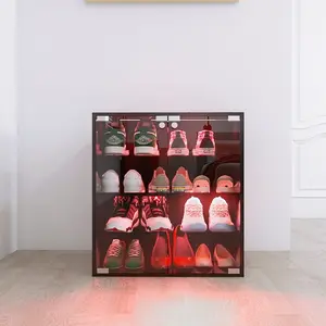 Shoe Box with RGB LED Light, Wooden Stackable Shoe Storage Box with Glass Door, Shoe Storage Bin Shoe Display Case for Sneakers (4 Tier-1)