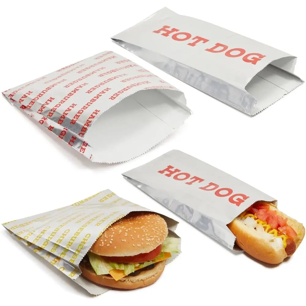 300-Piece Disposable Foil & Paper Hot Dog Holders & Hamburger Wrappers Combo Pack, Grease-Resistant Fast Food Packaging with 3 Designs for Keeping Food Hot