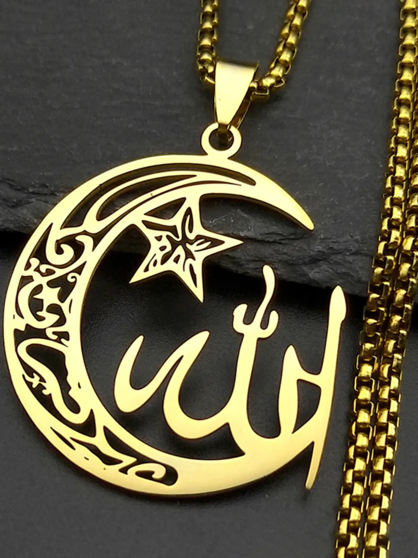 Crescent Moon Star Islamic Muslim Allah Pendant Necklace Islamic Necklaces Faith Necklace for Women Men Stainless Steel Durable Gold Color Arabic Quran Amulet Jewelry Accessories
