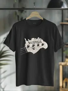 100% Cotton Unisex Nashville Skyline - Bass Guitar Country Music City souvenir T-Shirt Vingate Printed Casual Round Neck T shirt