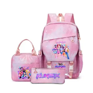 K-Pop Girls 3 in 1 Backpack Set, Pink Star Print School Backpack with Lunch Box & Pencil Case, Lightweight Bookbag Gift for Teen Girls Kpop Fans,Huntrx kpop