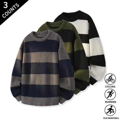 Men’s crewneck color-block striped sweater 3-pack, stylish contrast stripe pullover tops suitable for running, sports competitions, and everyday streetwear, long sleeves