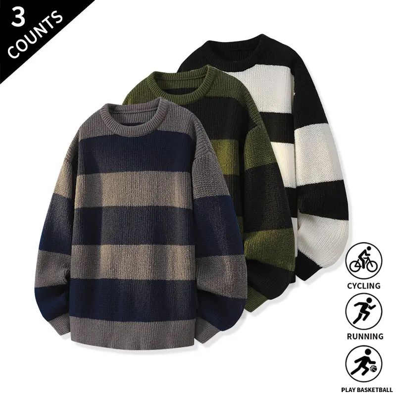 Men’s crewneck color-block striped sweater 3-pack, stylish contrast stripe pullover tops suitable for running, sports competitions, and everyday streetwear, long sleeves