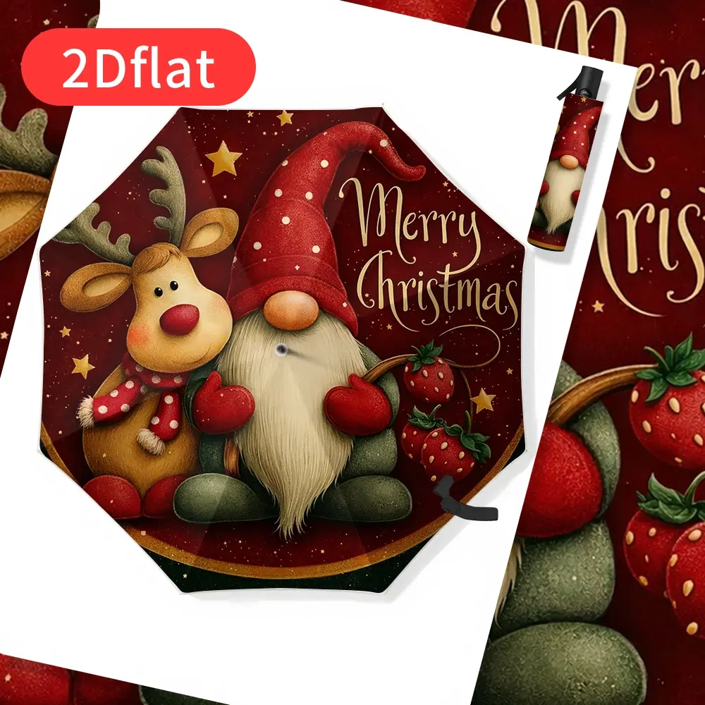 1-piece open-close Christmas elf and reindeer folding umbrella, one-button operation, 8-rib lightweight compact travel umbrella, portable foldable umbrella, red/green/gold holiday design (Santa hat and holly), 2D flat