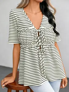 French Effortless Black White Stripe V-Neck Tie Front Ruffle Peplum Top Y2K Sweet & Edgy Black White Stripe V-Neck Tie Front Waist-Cinched Crop Top Coquette Soft Girl Black White Stripe V-Neck Tie Front Ruffle Loose Top