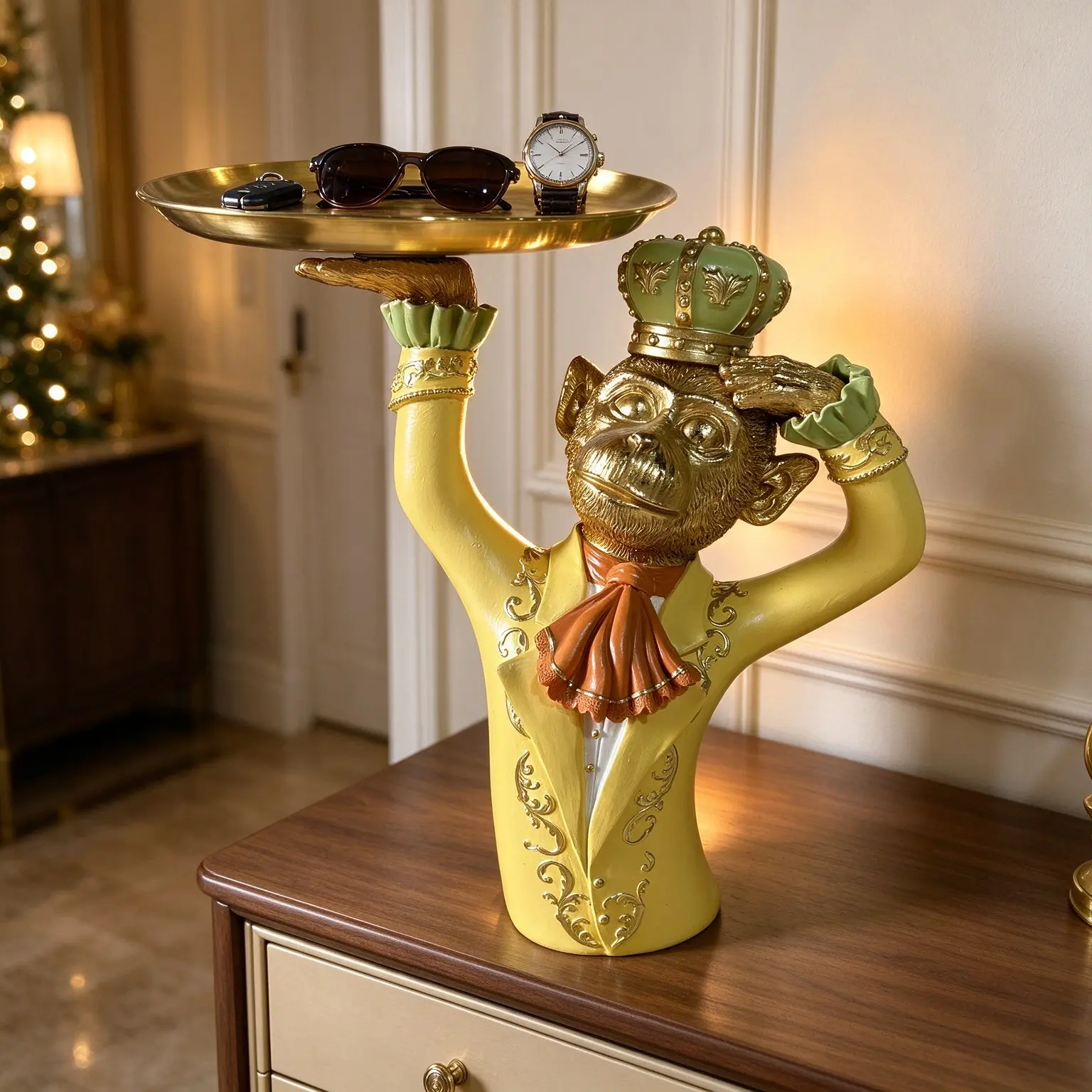 Royal Monkey Butler Statue with Golden Serving Tray, 10.86" Resin Figurine for Keys & Jewelry, Maximalist Home Decor, Eclectic Bar Cart Accessory, Console Table Centerpiece, Quirky Entryway Organizer