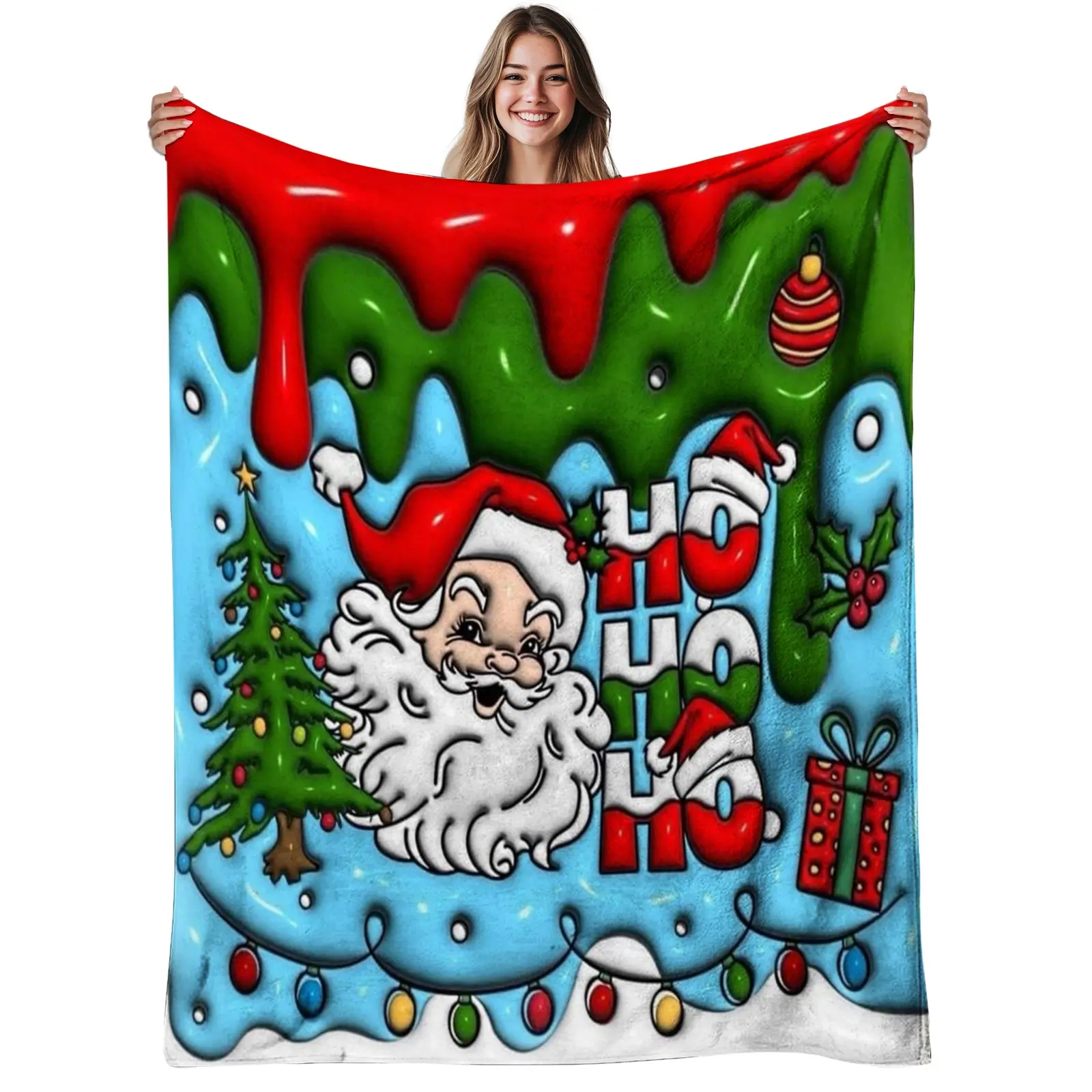 1pc Cozy Santa Claus Flannel Blanket - Heavyweight 280gsm Soft Warm All-Season Bedspread with Cartoon Santa & HO HO HO Print, Green/White/Red Christmas Colors for Couch, Bed, Holiday Decor - Machine Washable & Gift, Stitch Christmas Bedding, A D 663