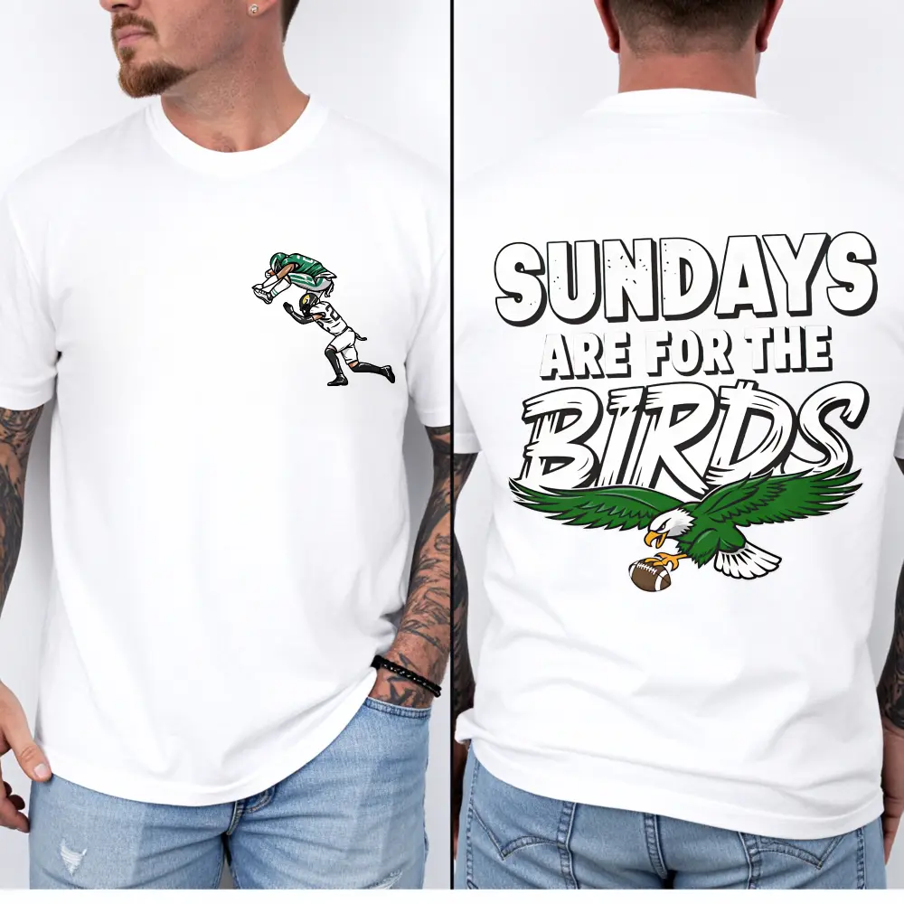 Philadelphia Football T-shirt, Saquon Barkley Backward Hurdle Eagles Cartoon T-shirt Distressed Philly Sundays Are For The Birds Front Back Vintage Design T-shirt