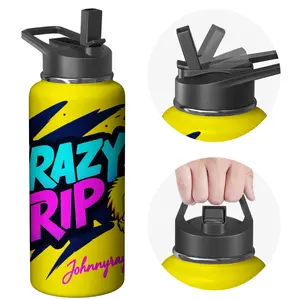 Stainless Steel Water Bottle with Flip Top Lid - Yellow with Crazy Rip Graphic and Johnnyrap Text - Ideal for Outdoor Sports and Daily Use