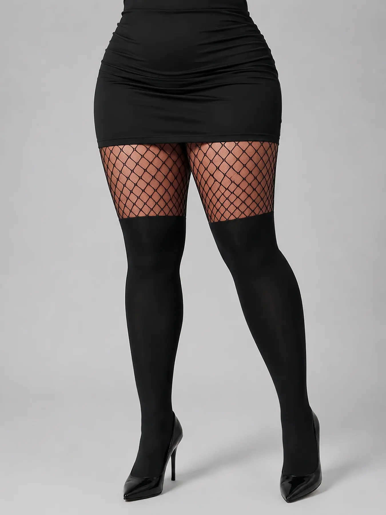 Plus Size Curvy Women Fishnet Faux Thigh High Tights, Sheer Mesh Patchwork Opaque Stocking Effect, Stretch Hosiery for Party & Daily Wear, Womenswear