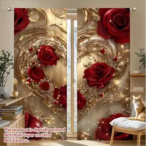 Heart Rose Print Curtains Set, Fashionable Rod Pocket Window Drapes, Upgrade Curtain, Home Decoration Curtain, Interior Decoration Accessories, for Bedroom & Living Room, Comfortable Atmosphere, Easy Installation