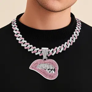 Women Gold Pink Lip Necklace Rhinestone Bling Hip Hop Statement Jewelry Choker Trendy Vintage Party Girly Diamond Gift Summer